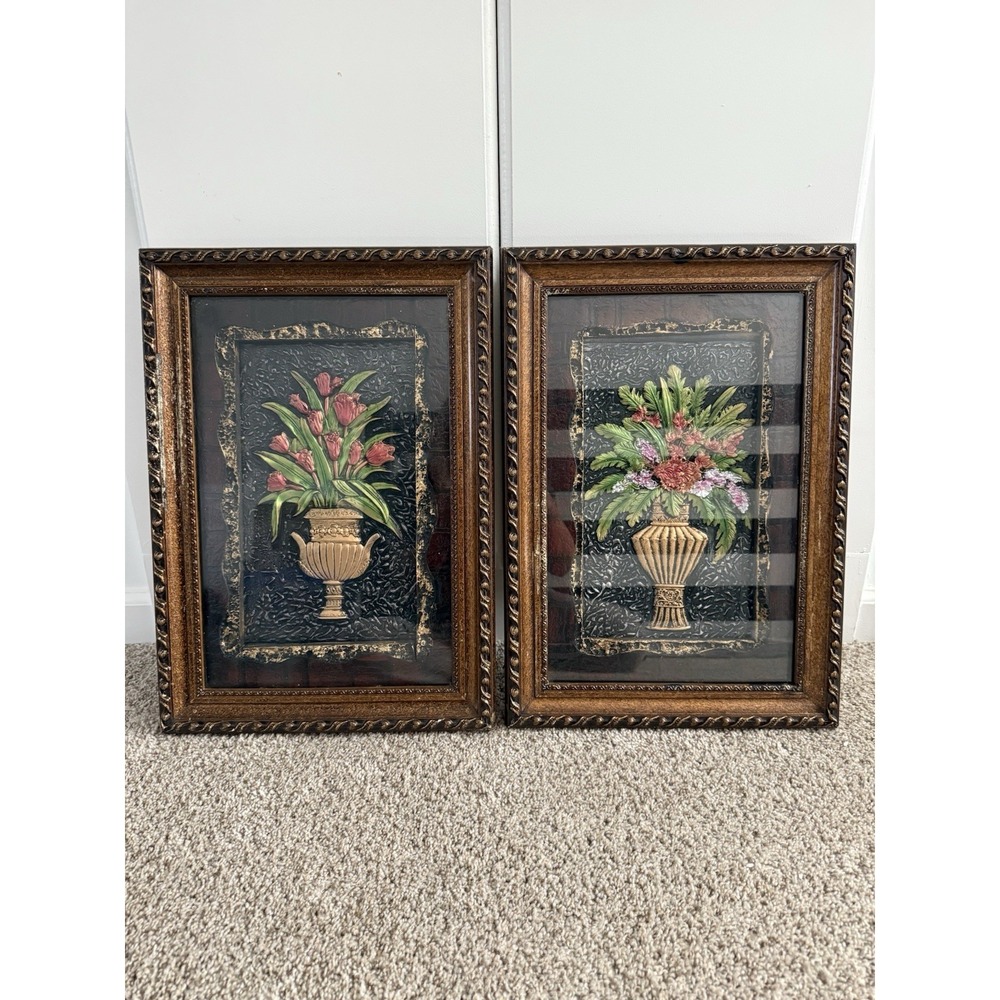 Vintage Framed painting Floral‎ vase 3D embossing hand-painted acrylic Set Of 2